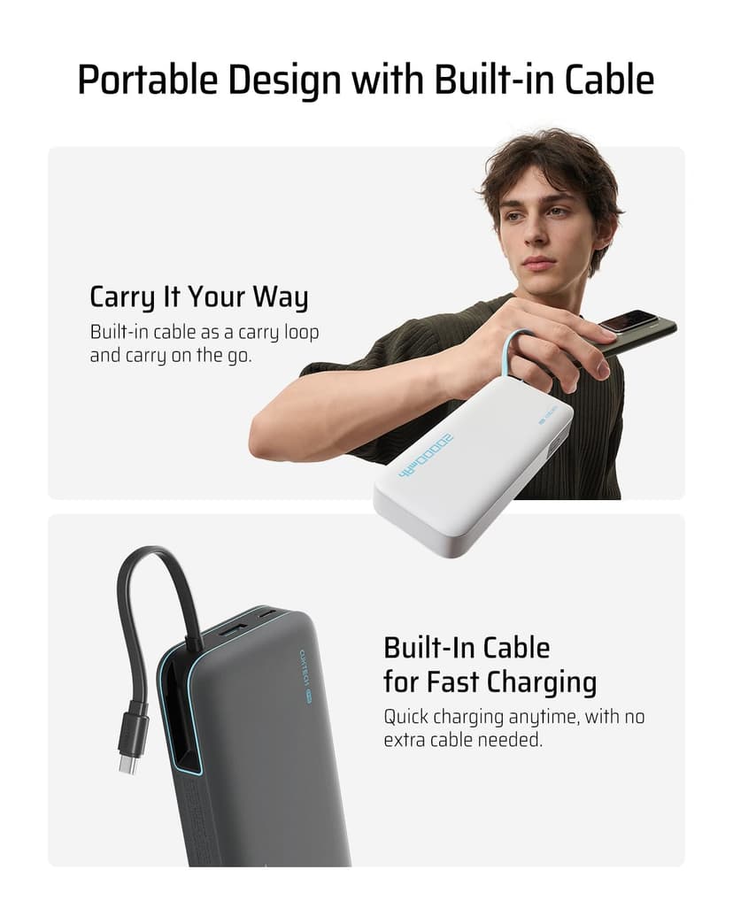 CUKTECH 45W Power Bank, 20000mAh Portable Charger with Built in USB C Cable, Fast Charging Battery Pack with 3 Output 2 Input for iPhone16 Series, Samsung, Pixel, iPad and More (Black) - 4