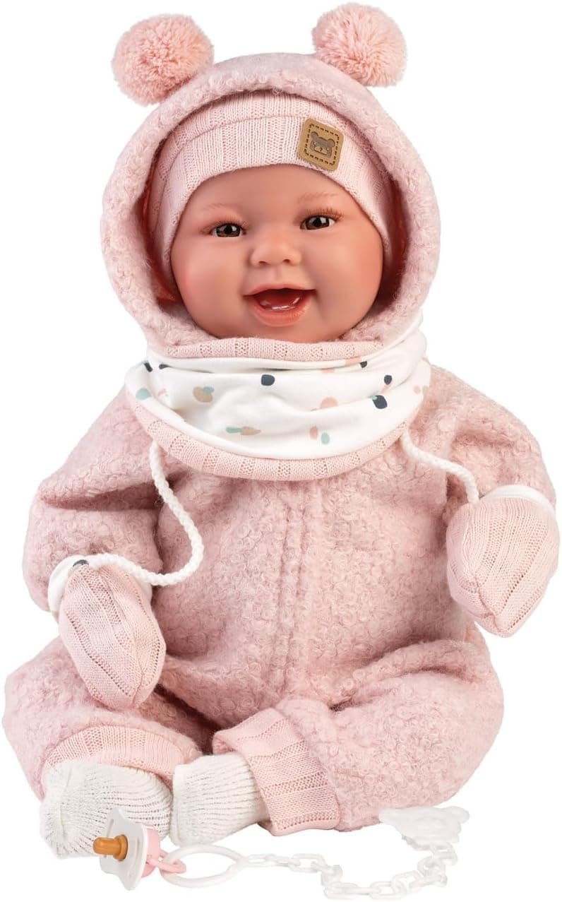 Llorens 1018480 Tala Baby Doll with Brown Eyes and Soft Body, Baby Doll with Fluffy Pink Winter Outfit, Dummy, Dummy Chain, 44 cm