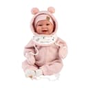 Llorens 1018480 Tala Baby Doll with Brown Eyes and Soft Body, Baby Doll with Fluffy Pink Winter Outfit, Dummy, Dummy Chain, 44 cm - 1