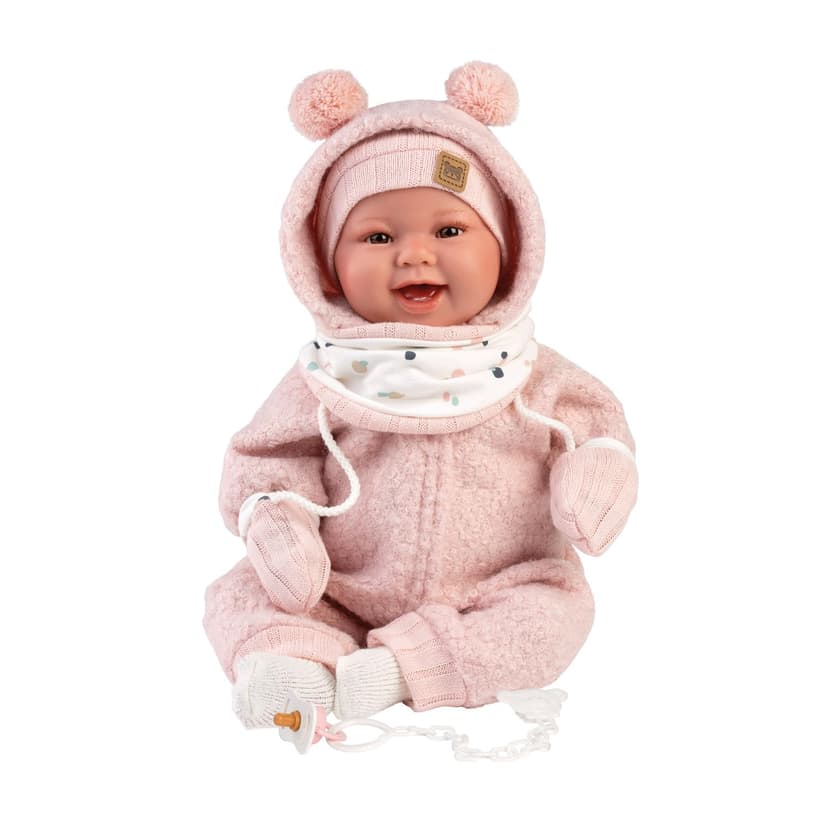 Llorens 1018480 Tala Baby Doll with Brown Eyes and Soft Body, Baby Doll with Fluffy Pink Winter Outfit, Dummy, Dummy Chain, 44 cm - 1