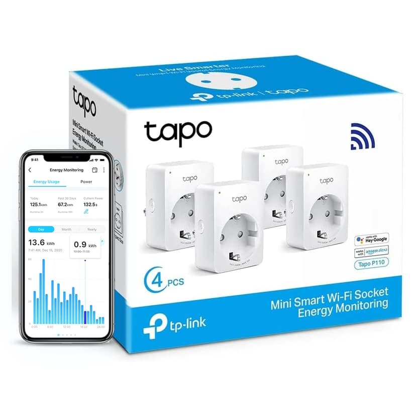 Tapo WiFi Connected Socket, Consumption Tracking, 16A Type F, Compatible with Alexa and Google Home, Control Fan, Air Conditioner, Energy Saving, Voice Control, Tapo P110(4-Pack) - 1