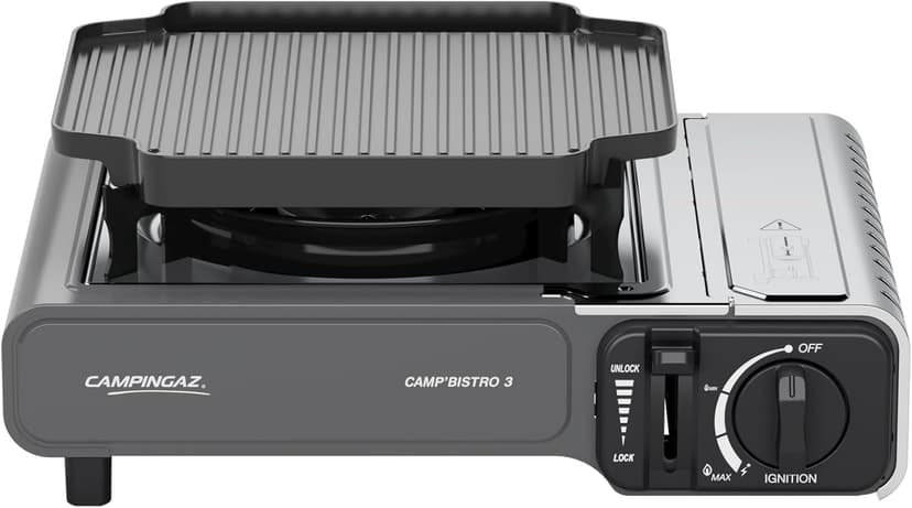 Campingaz Camp Bistro 3 Stove | 1 Burner Camping Stove | 2200 Watt Camp Stove | Compact portable Outdoor Cooker | Includes Carry case for Easy Transport | Black,Camp Bistro 3 Griddle - 1