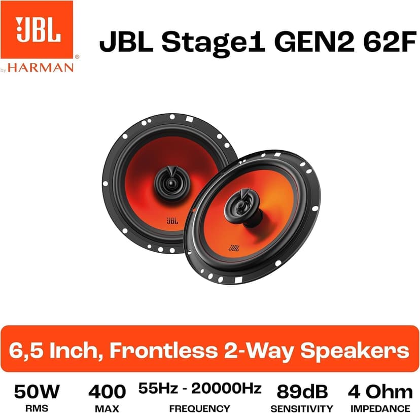 JBL Stage1 GEN2 62F – 6.5 Inch (165mm) 2-Way Coaxial Car Speakers – 50W RMS – 220W Peak – High Sensitivity – OEM Replacement Audio – No Grille – Easy Install – Set of 2 - 8