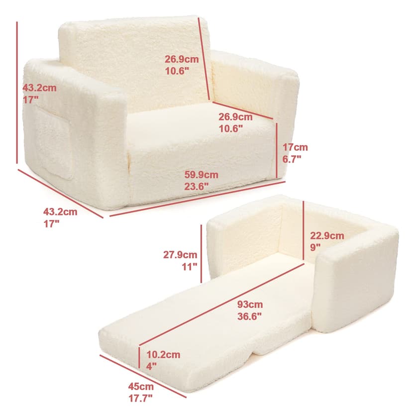 BEJOY Kids Sofa Bed 2-in-1 Flip Out Cuddly Sherpa Toddler Couch Convertible Chair to Lounger Children Sofa Bed Children's Day and Birthday Gift for Girls Boys, White - 4
