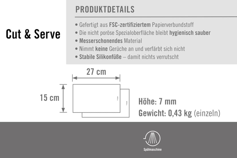 Woll Cut & Serve Chopping Board Breakfast Set 2-Piece 27 x 15 cm, 7 mm High, FSC Certified Paper Composite, BPA and VOC-Free, Heat Resistant up to 175°C, Dishwasher Safe, Matte Black - 4