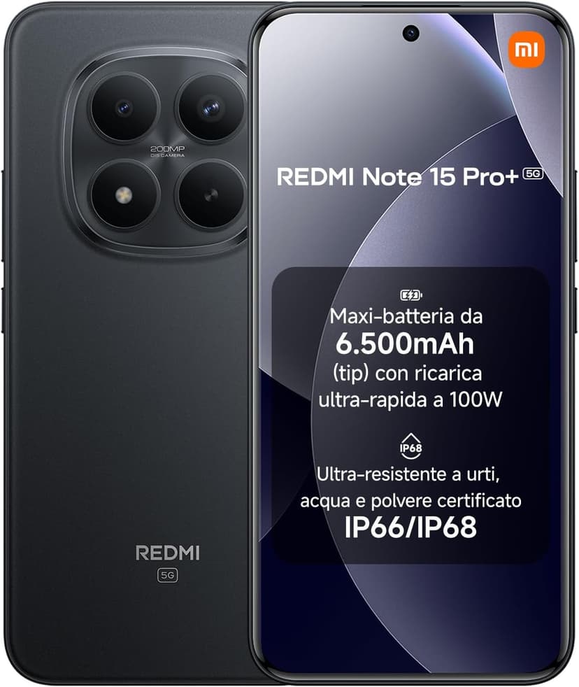 XIAOMI Redmi Note 15 Pro+ 5G, Smartphone 8+256 GB, Massive 6500mAh Battery, IP66/IP68, New 200MP Camera, 6.83" AMOLED Display, Black, Warranty 2 years, Charger Not Included - 1