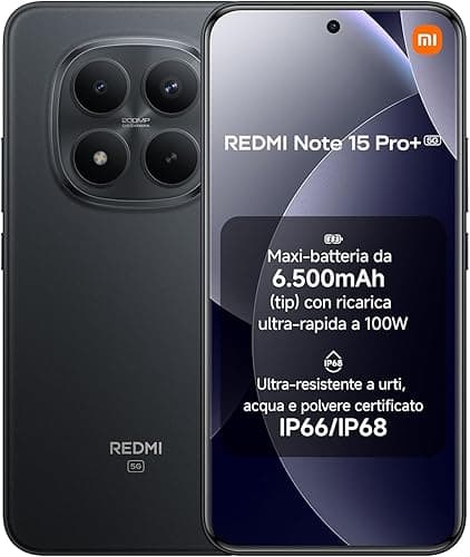 XIAOMI Redmi Note 15 Pro+ 5G, Smartphone 8+256 GB, Massive 6500mAh Battery, IP66/IP68, New 200MP Camera, 6.83" AMOLED Display, Black, Warranty 2 years, Charger Not Included