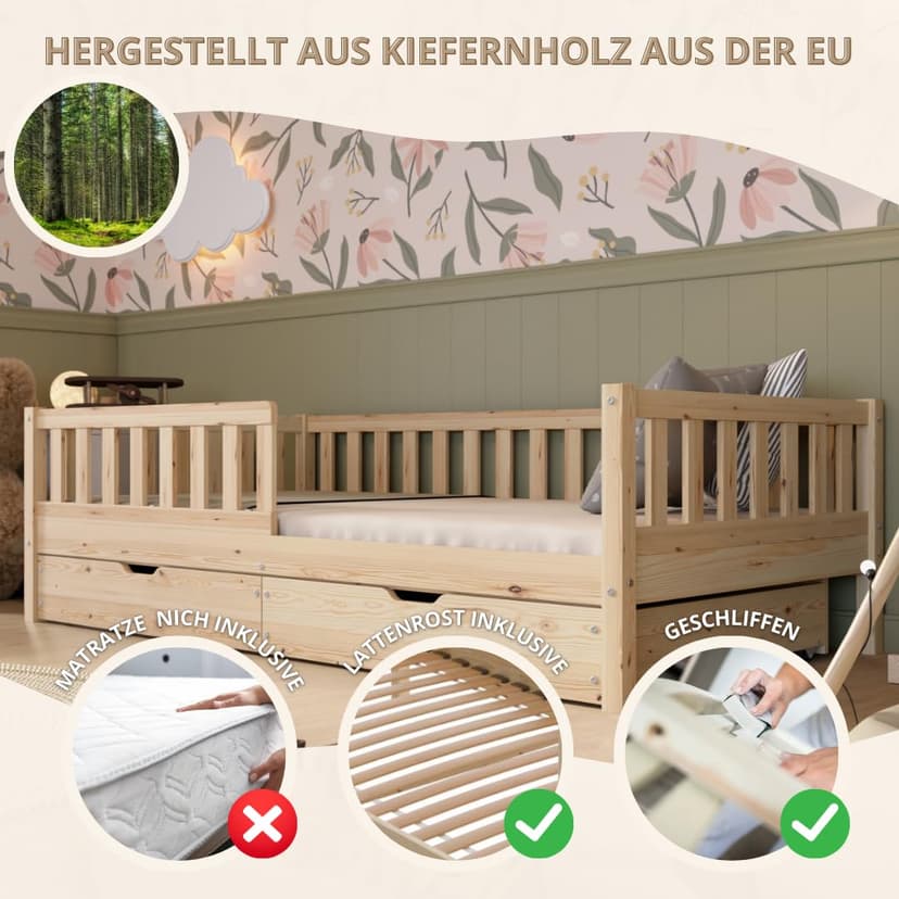 Crazy Pine Lit Enfant avec Tiroirs 190x90 cm – Montessori au Sol en Bois Massif avec Barrière – Sécurisé pour Tout-Petit – Design Scandinave, Montage Facile - Crazy Basic - 4