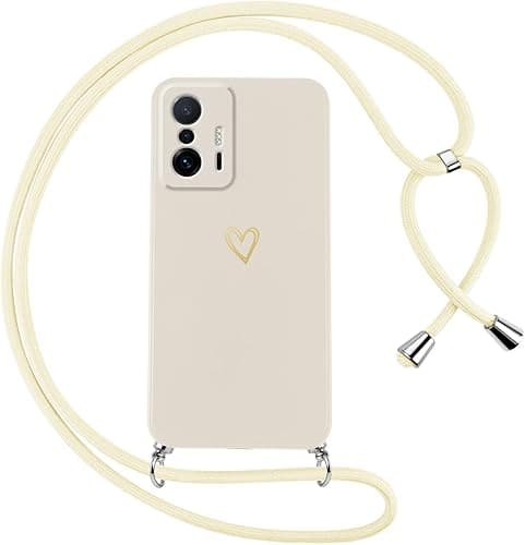 Oelrstfe Coque pour Xiaomi 11T/Xiaomi 11T Pro 5G avec Cordon de Collier Étui Housse Souple Silicone avec Motif Coeur et Portable Lanyard Réglable Antichoc Anti-Chute Bandoulière Lanière Case,Blanc