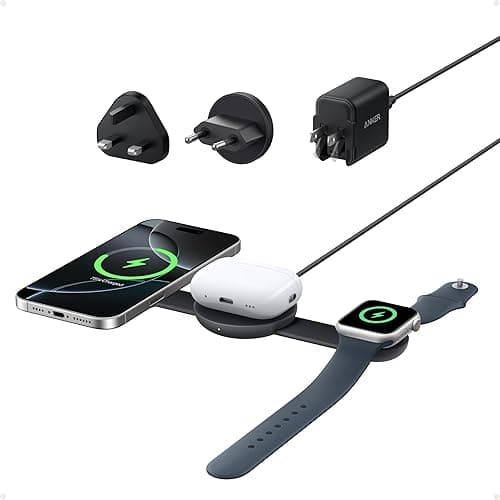 Anker MagSafe Compatible 3-in-1 Wireless Charging Station, Qi2 Certified 15W MagGo Charger, Foldable Travel Wireless Charging Pad for iPhone 17/16/15/14 Series, AirPods, Apple Watch (Not a Power Bank)