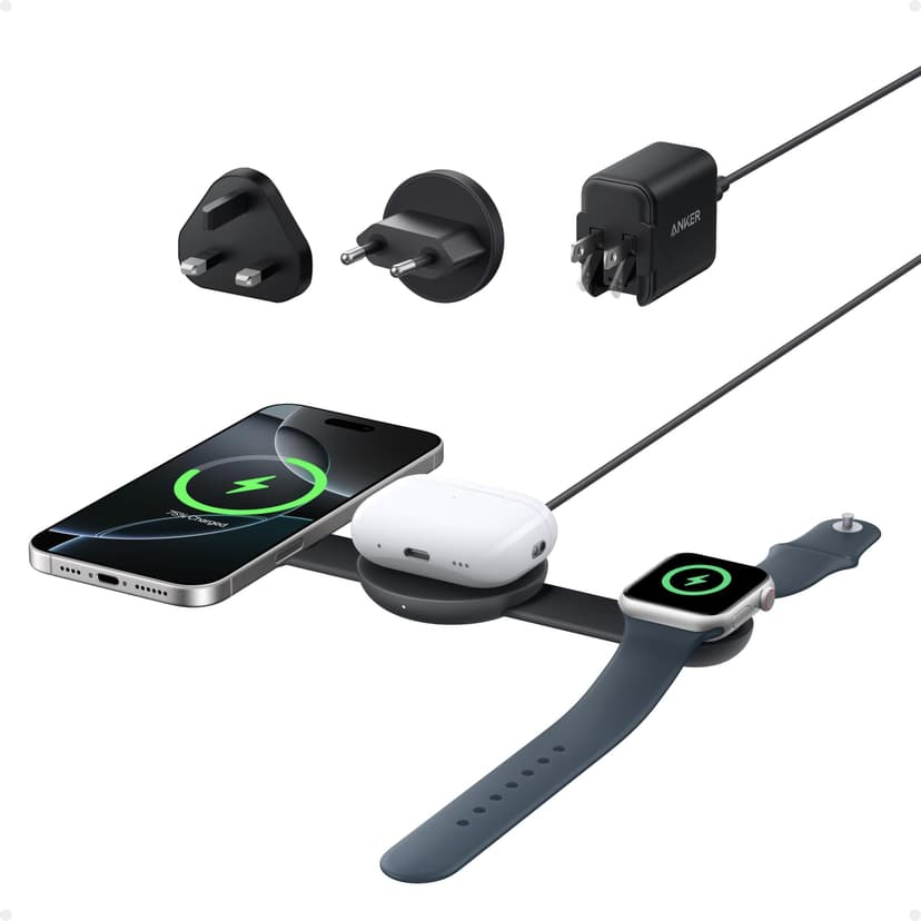 Anker MagSafe Compatible 3-in-1 Wireless Charging Station, Qi2 Certified 15W MagGo Charger, Foldable Travel Wireless Charging Pad for iPhone 17/16/15/14 Series, AirPods, Apple Watch (Not a Power Bank) - 1