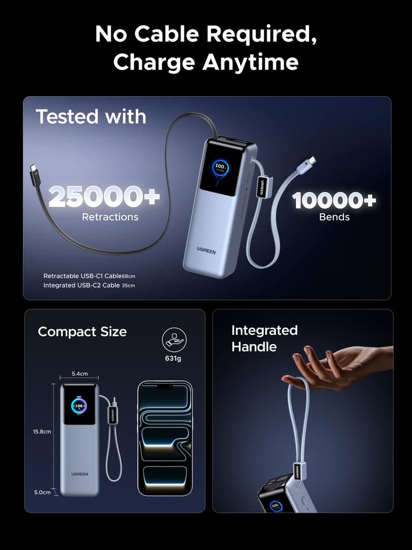 UGREEN Nexode Laptop Power Bank 25000mAh 200W Fast Charging Portable Charger Built-in Retractable Cable & Smart Display 4-Way Output Battery Pack Compatible with Dell, HP, iPad, iPhone 17/16 - 5