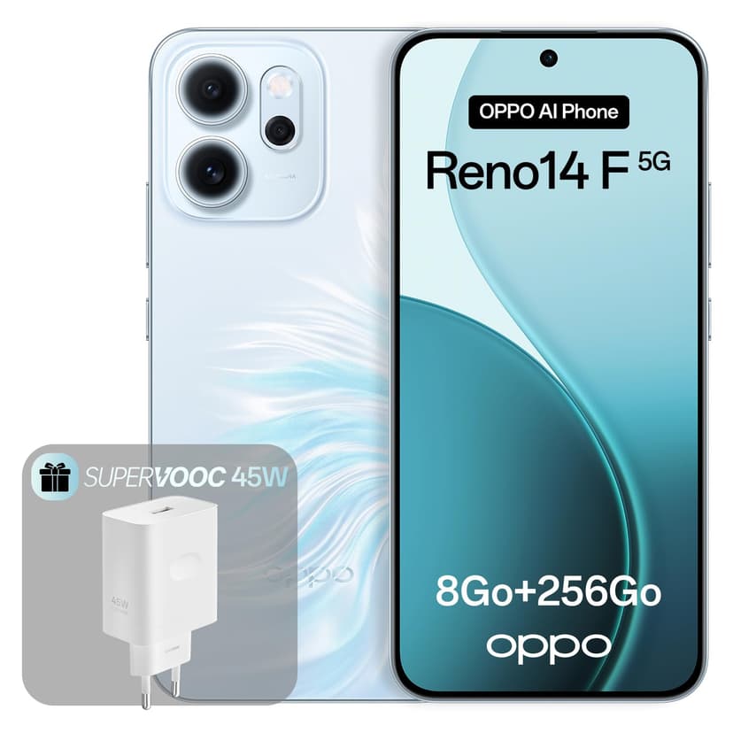 OPPO Reno14 F 5G 8+256GB, AI Android Unlocked Smartphone, 6.57" 120Hz AMOLED Display, 50+32MP AI Camera, 6000mAh Battery, IP69 Water Resistance, Opal Blue (Include 45W SUPERVOOC Charger) - 1