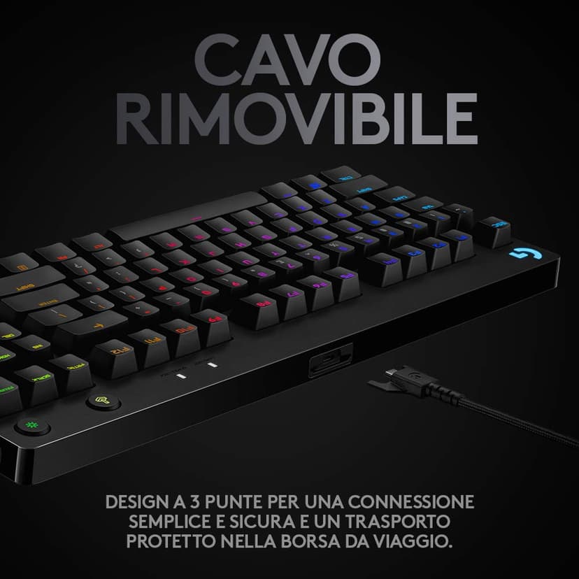 Logitech G PRO Tastiera gaming meccanica, ultraportatile senza tastierino numerico, cavo micro-USB rimovibile, tasti con retroilluminazione RGB LIGHTSYNC da 16,8M di colori, US Intl, PC/Mac - Nero - 7