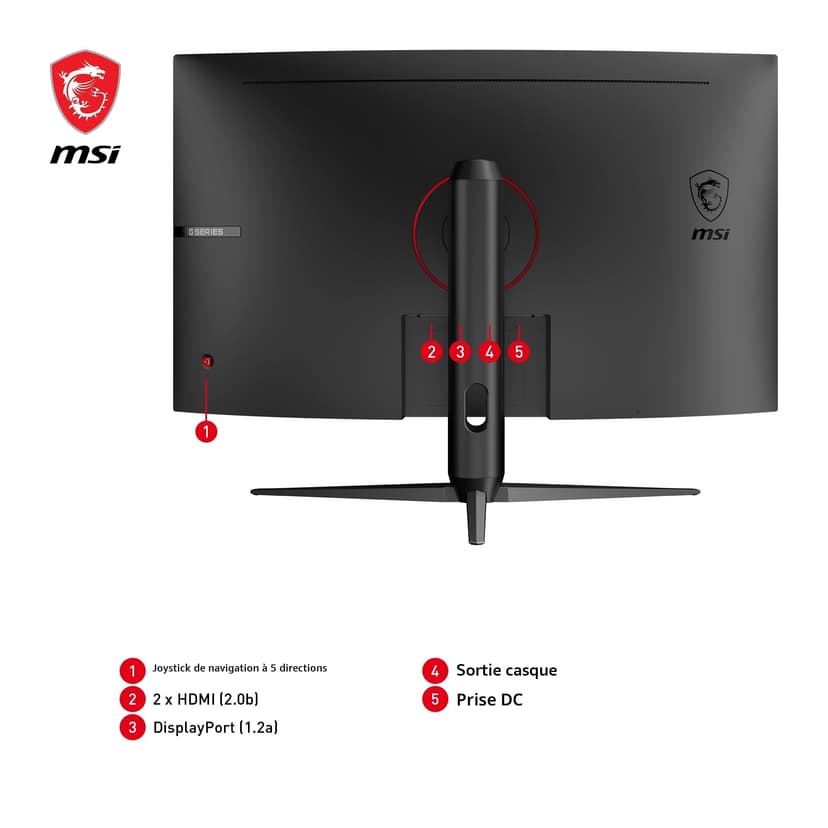 MSI G32CQ5P écran Gaming incurvé de 31,5 Pouces WQHD - Dalle VA 1500R 2560 x 1440, 170 Hz / 1 ms, Adaptive Sync, réglable sur 3 Axes - DP 1.2a, HDMI 2.0b CEC - 6