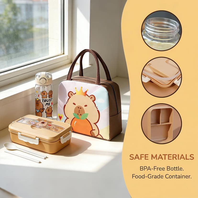 GVMJHYK Capybara Water Bottle with Bento Lunch Box, Pack of 3, Capybara Lunch Bag, Cartoon Animals Cute Water Bottle, Cartoon Lunch Box Children Suitable for Children School or Nursery (Capybara-C) - 3