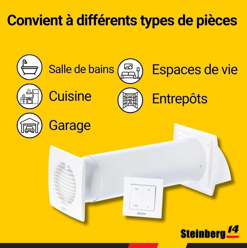 Steinberg14 Unite de VMC Décentralisée 100 mm - Blanc Récupérateur de Chaleur avec Interrupteur - Kit VMC Double Flux - Répartiteur d'air - Système de Ventilation Murale - 3