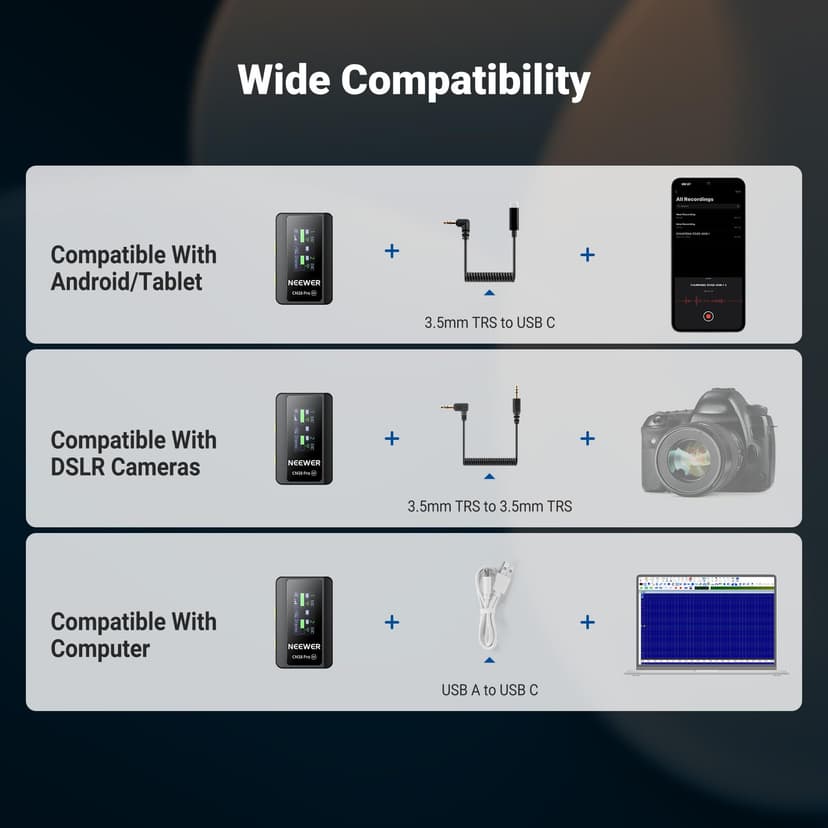 NEEWER CM28 PRO Wireless Lavalier Lapel Microphone System with Charging Case 48KHz 16 Bit Uncompressed Audio Noise Canceling 4GB Storage 9Hrs Recording Compatible with iPhone iPad Android Camera PC - 7