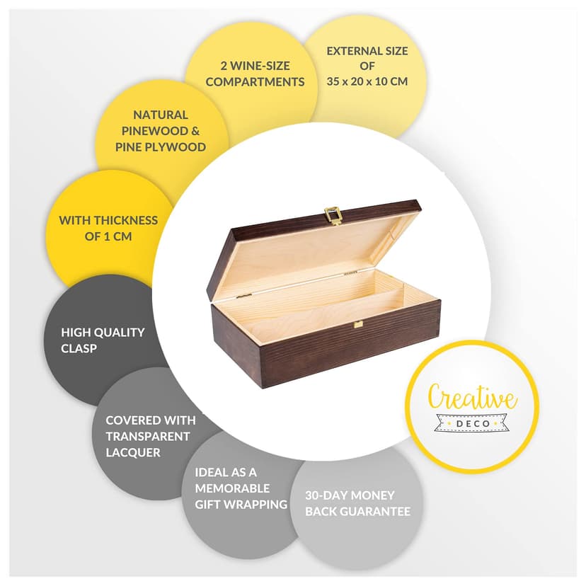 Creative Deco Brown Wooden Wine Box with Clasp | 2 Bottles | 35x20x10cm (+- 1 cm) | Natural Wood Wine Holder Bottle Easter Gift Storage Box Chest | Presentation Box - 4