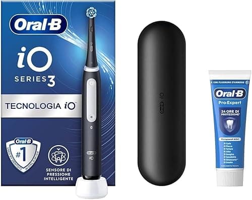 Oral-B Rechargeable Electric Toothbrush iO 3 Black, 1 Electric Toothbrush, 1 Replacement Head, Travel Case + Oral-B Pro Expert Toothpaste, Effective Teeth Cleaning, New Version