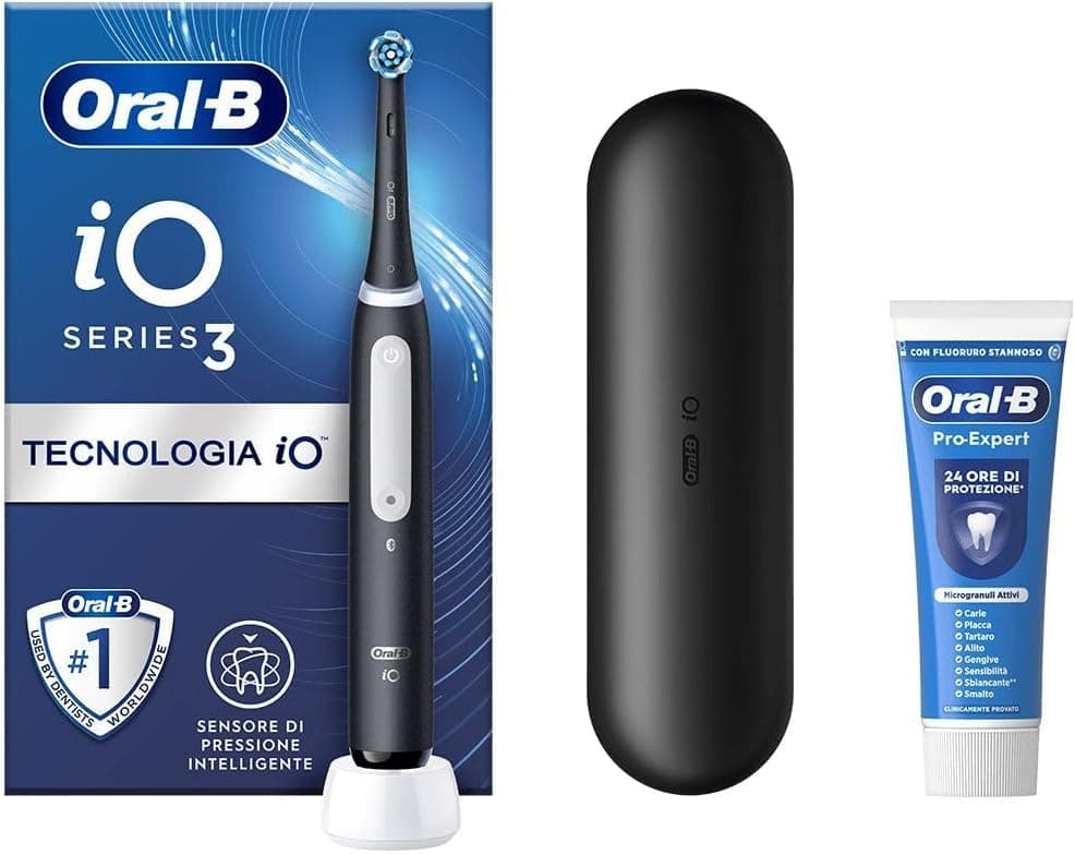 Oral-B Rechargeable Electric Toothbrush iO 3 Black, 1 Electric Toothbrush, 1 Replacement Head, Travel Case + Oral-B Pro Expert Toothpaste, Effective Teeth Cleaning, New Version
