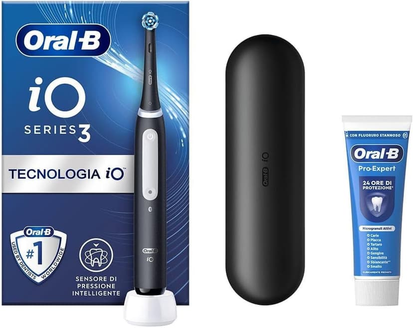 Oral-B Rechargeable Electric Toothbrush iO 3 Black, 1 Electric Toothbrush, 1 Replacement Head, Travel Case + Oral-B Pro Expert Toothpaste, Effective Teeth Cleaning, New Version - 1