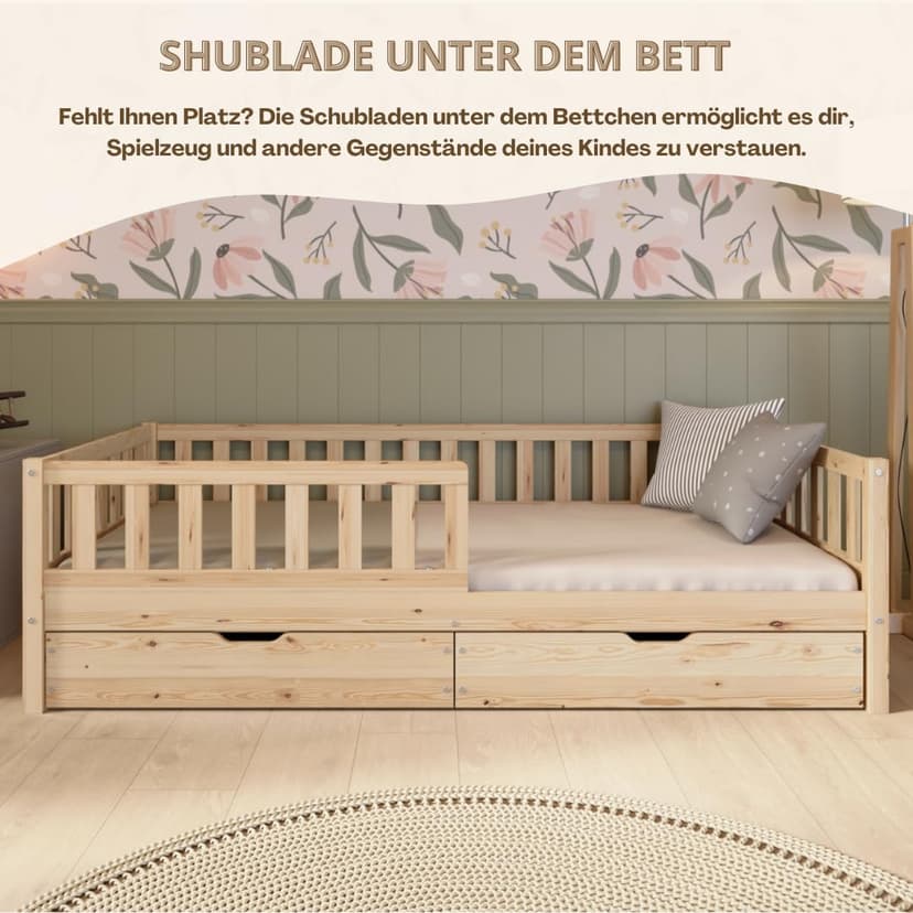 Crazy Pine Lit Enfant avec Tiroirs 190x90 cm – Montessori au Sol en Bois Massif avec Barrière – Sécurisé pour Tout-Petit – Design Scandinave, Montage Facile - Crazy Basic - 7