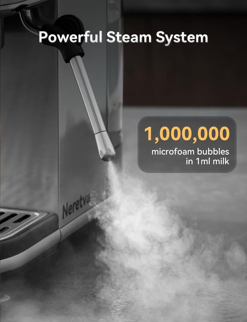 Neretva Machine a Cafe, 20 Bar Cafetière Expresso 1350W Compacte En Acier Inoxydable Avec Mousseur À Lait & Écran LED Machine à Cafe Utiliser Pour La Maison Capacité 1,3L - Espresso/Macchiato/Latte - 5