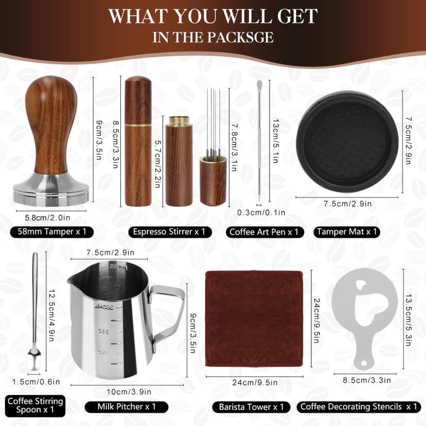 Y-Step Coffee Tamper 58 mm, Espresso Tamper Set 23 Pieces, Barista Set with Frothing Jug, Tamper Mat, Latte Art Pen, Coffee Stirrer, Sandalwood Tamper for Espresso Machine - 2