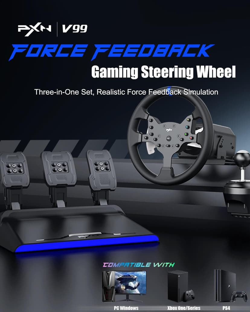 PXN V99 Gaming Steering Wheel, Driving Force Feedback Steering Wheel with Pedals and Shifter - 3.2NM, 270°&900°, 11.8 inch, 4 Paddle Shifters, Tools APP - Racing Steering Wheel for PC, Xbox and PS4 - 2