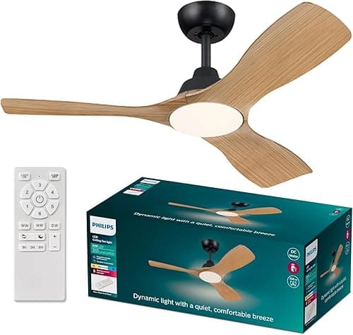 Philips Olas Ceiling Fan, 3 Blades, 24W LED Light, DC Motor, Color Temperature Range (3000K-4300K-6500K) with Dimmable Function, Remote Included, 42", Black and Wood