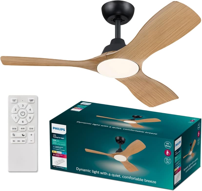 Philips Olas Ceiling Fan, 3 Blades, 24W LED Light, DC Motor, Color Temperature Range (3000K-4300K-6500K) with Dimmable Function, Remote Included, 42", Black and Wood - 1