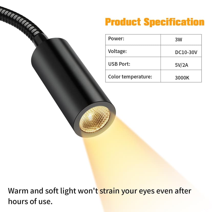 ERWEY 2pcs Lampes de Lecture LED 12V pour camping-car avec col de cygne flexible et port de charge USB 3000K blanc chaud DC 10-30V éclairage intérieur pour bateau caravane yacht, noir - 3