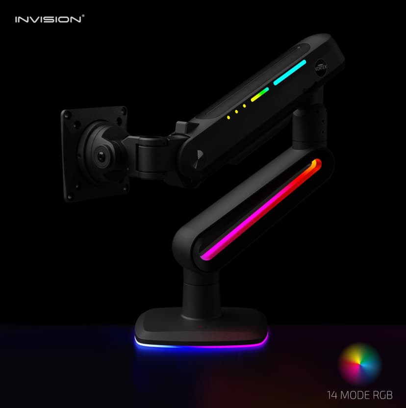 Invision VORTEX Gaming Monitor Arm for 27-57 Inch Screens | Curved & UltraWide | 5v USB Powered | 14 Mode RGB Integrated LED Lights | 3-18kg MAX (VR200) - 8