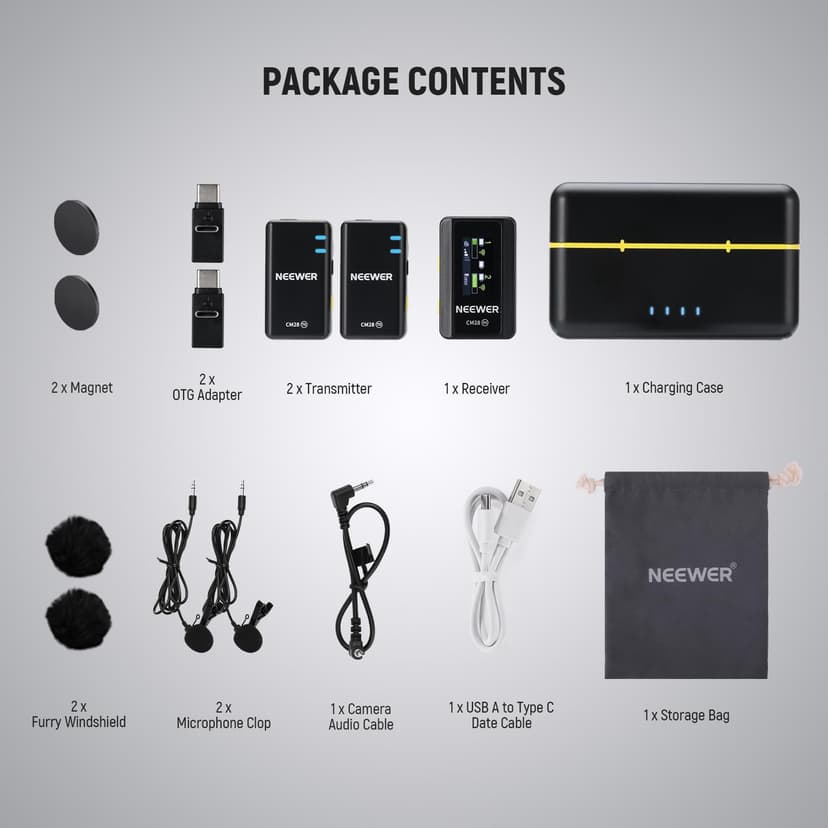 NEEWER CM28 Wireless Lavalier Microphone System with Charging Case, 2 Mic Clips, 1 Click Noise Canceling, 4GB Storage, 9H Playtime, Lavalier Lapel Mic Compatible with iPhone/Android/PC/Camera - 9