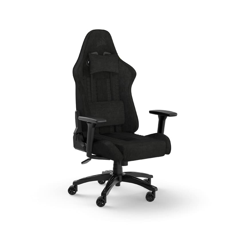 Corsair TC100 Relaxed Fauteuil Gaming - Tissu - Design Inspiré des Sports Automobiles - Coussin Lombaire - Coussin Repose-Nuque Détachable en Mousse à Mémoire de Forme - Noir - 1