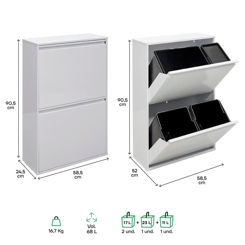 ARREGUI Basic CR601-B2 Poubelle de Recyclage Cuisine 4 Bacs | 23+11+17+17 L (68 L) | Poubelle de Tri Sélectif 4 Rangements | Meuble Poubelle en Acier 4 Seaux | avec Seau de 23L pour Emballages | blanc - 4