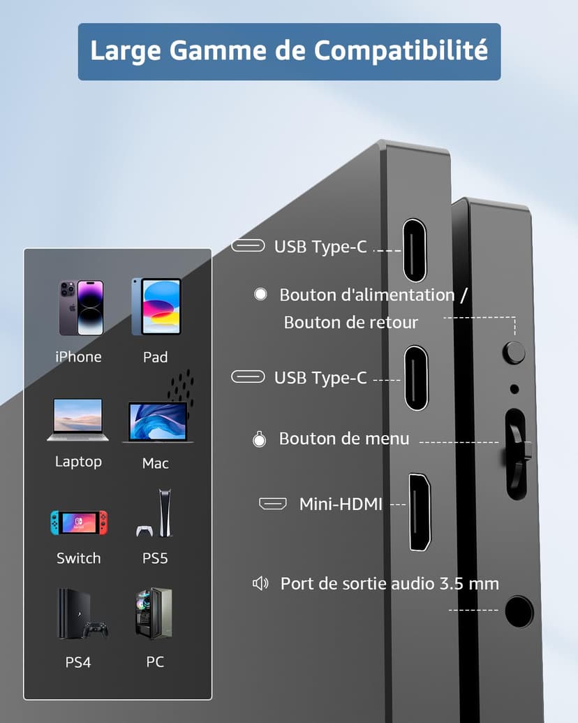 Yodoit Portable Monitor 15.6" FHD 1920x1080P IPS Second External Display Laptop Screen Extender | USB-C & HDMI Connectivity, Built-in Speakers, with Smart Cover, for Laptop, PC, Mac, PS3/4/5, Xbox - 5