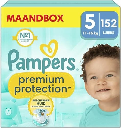 Pampers Premium Protection, Taille 5, 152 Couches, 11-16kg, Double Protection pour la peau et contre les fuites Avec Poche Stop & Protect pour aider à capturer les Fuites, Pack 1 Mois