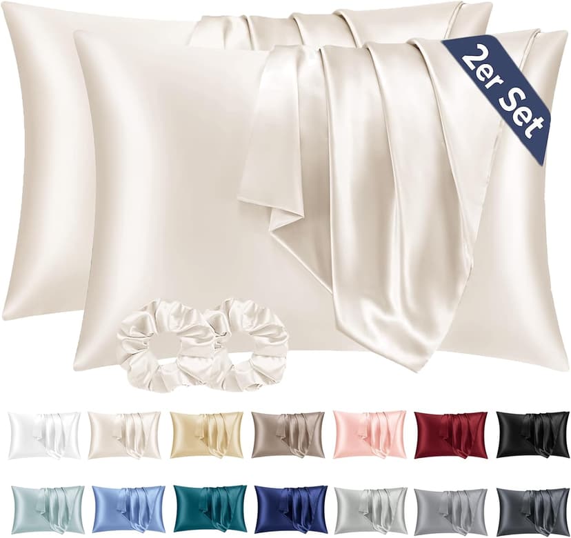 Vielit 2 Pack Satin Pillowcase for Hair and Skin,Soft as Silk Pillowcases for Hair and Skin,Easier Care than Silk Pillow Case Beige Pillowcases for 50x70cm Pillow Envelope & 2 Scrunchies - 1
