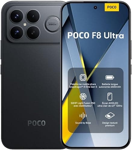 Xiaomi POCO F8 Ultra, Smartphone 12+256 Go, écran AMOLED 6,9" 120 Hz, Appareil Photo 50 MP Light Fusion 950 avec OIS, Son signé Bose, Batterie 6500 mAh, Noir, Garantie 2 Ans, Chargeur Non Inclus.