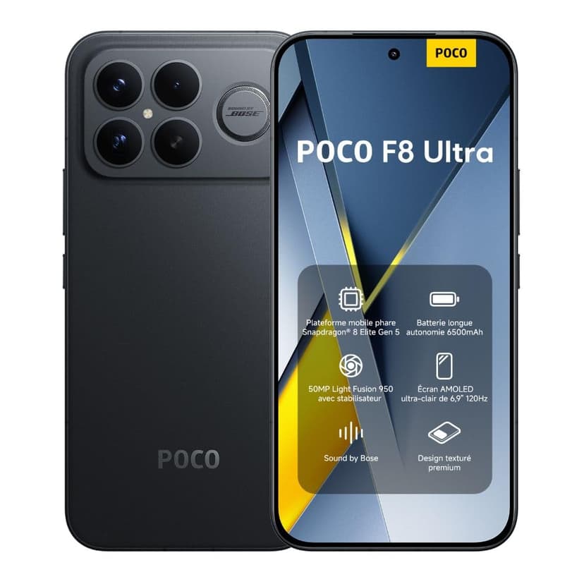 Xiaomi POCO F8 Ultra, Smartphone 12+256 Go, écran AMOLED 6,9" 120 Hz, Appareil Photo 50 MP Light Fusion 950 avec OIS, Son signé Bose, Batterie 6500 mAh, Noir, Garantie 2 Ans, Chargeur Non Inclus. - 1