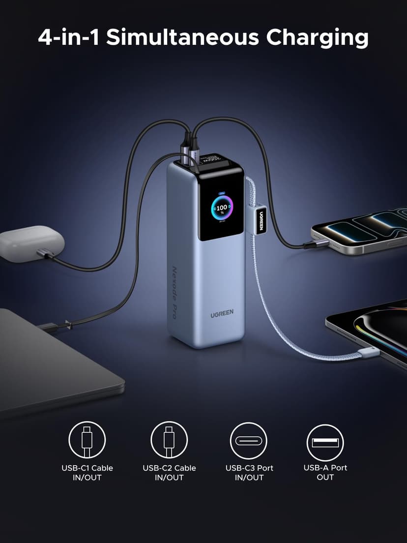 UGREEN Nexode Laptop Power Bank 25000mAh 200W Fast Charging Portable Charger Built-in Retractable Cable & Smart Display 4-Way Output Battery Pack Compatible with Dell, HP, iPad, iPhone 17/16 - 3