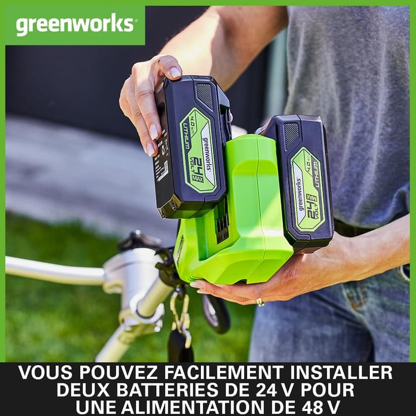 Greenworks 48V (24V x 2) Cordless Brushcutter with Grass Trimmer, 38cm Cutting Width, Bike Handle, 5.95kg Easy to use, 25cm Blade, Two of 24V 4Ah Batteries & Charger, 3 Year Guarantee - 7