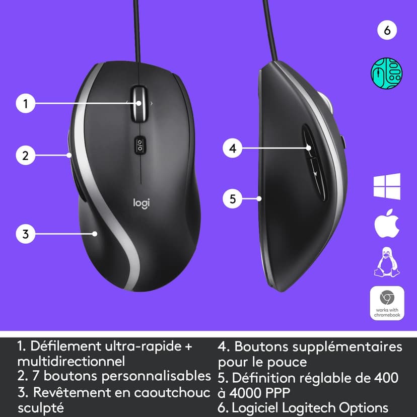 Logitech M500s Souris Filaire avancée avec défilement Ultra-Rapide et multidirectionnel avancé, Boutons Personnalisables, Suivi Haute précision avec commutateur PPP, USB prêt à l'emploi - Gris - 6