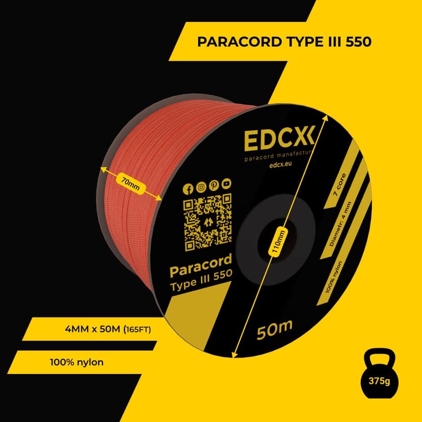 EdcX Paracord 4 mm, 35+ Couleurs Unies (10 m, 15 m, 30 m, 50 m, 100 m, 300 m) | Idéal pour l'artisanat, Le Camping, la Survie | Corde 100% Nylon 4 mm | Cordon 550 Type III (Sofit Orange, 50 m) - 3