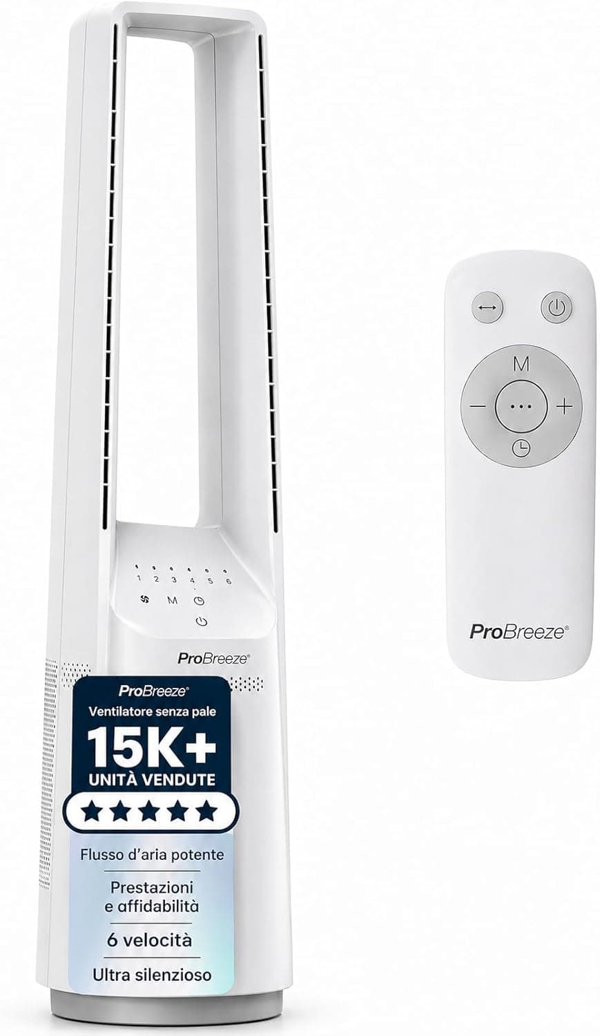 Pro Breeze® Silent Bladeless Portable Tower Fan - Ultra Quiet Standing Air Circulator with Remote Control, Timer, 6 Speeds & LED Display