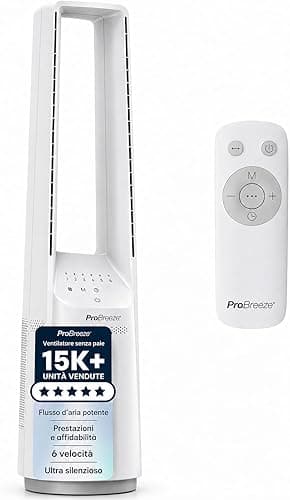 Pro Breeze® Silent Bladeless Portable Tower Fan - Ultra Quiet Standing Air Circulator with Remote Control, Timer, 6 Speeds & LED Display