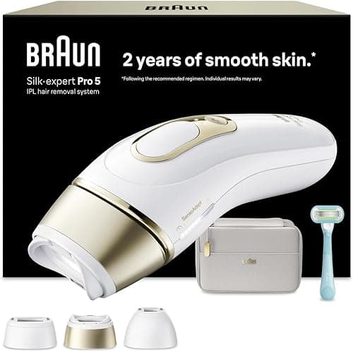 Braun Lumiere Pulsee Smart Silk·Expert Pro 5 Home Laser Alternative, Semi-Definitive Hair Reduction, with Pouch, Gillette Venus Women's Shaver, 3 Heads, PL5311