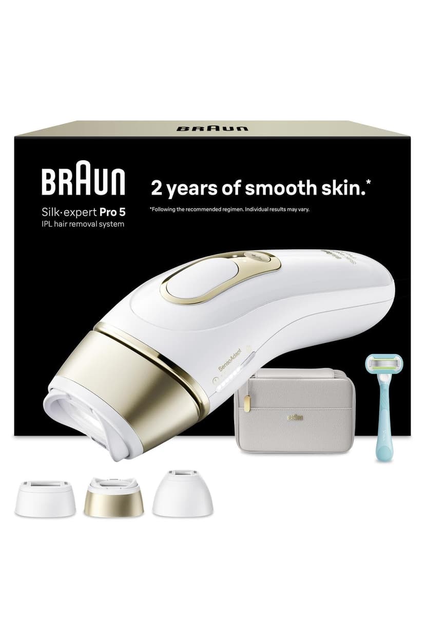Braun Lumiere Pulsee Smart Silk·Expert Pro 5 Home Laser Alternative, Semi-Definitive Hair Reduction, with Pouch, Gillette Venus Women's Shaver, 3 Heads, PL5311 - 1